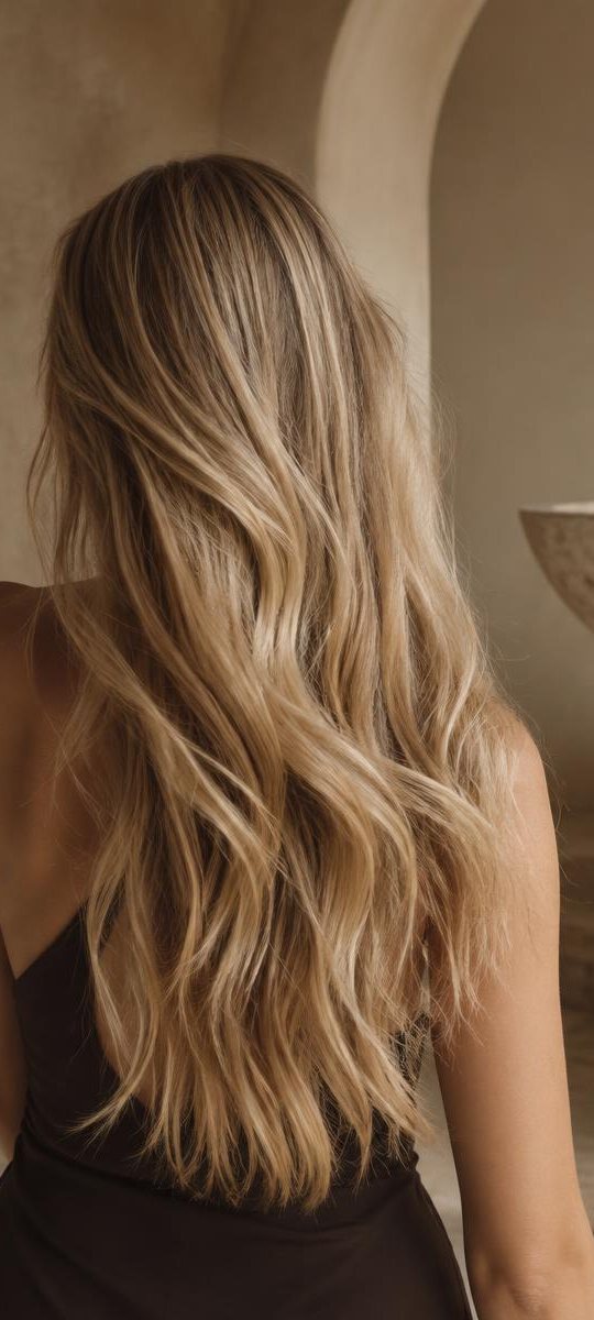 Long golden waves seen from behind, in a warm stone archway