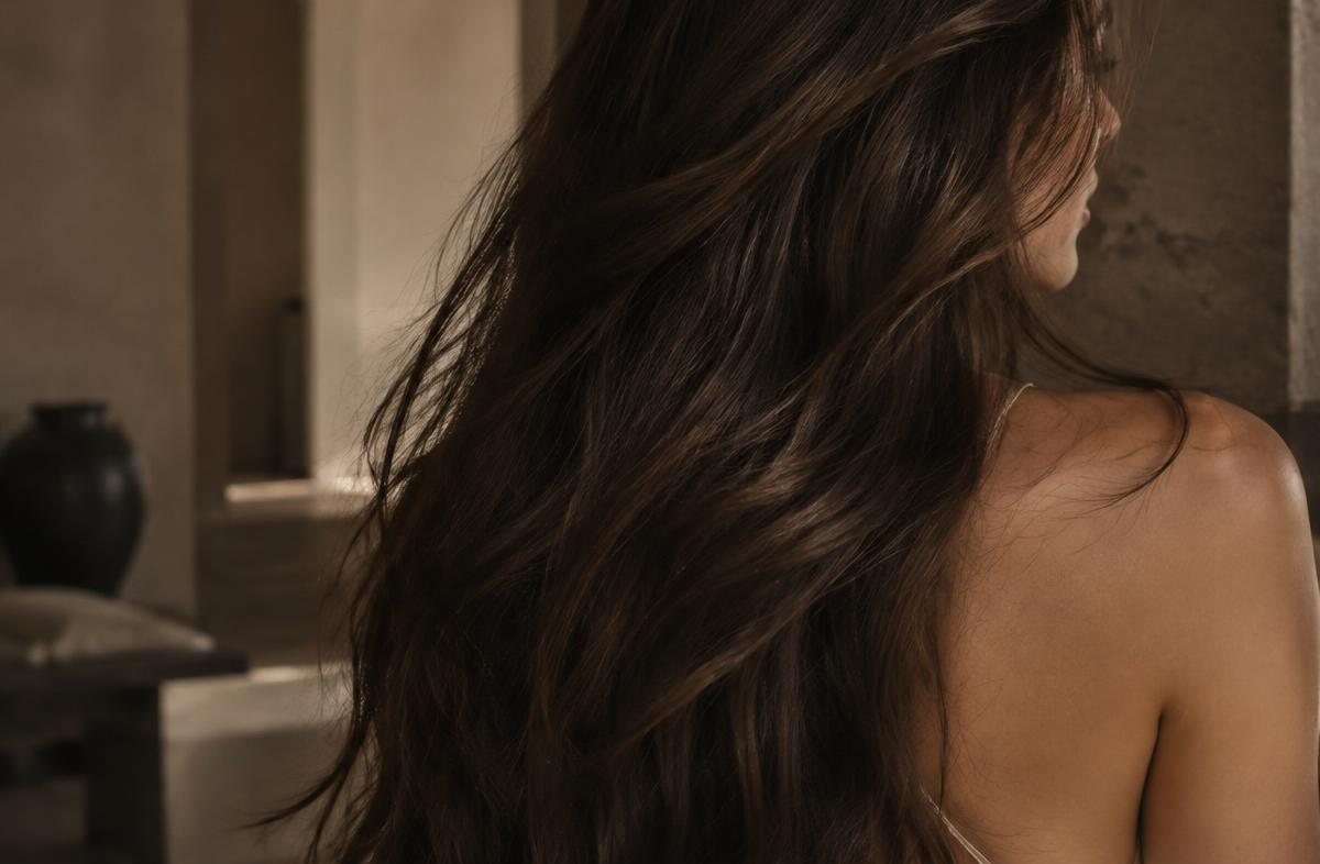 Long dark hair in soft evening light, in a stone interior