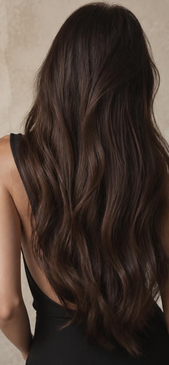 Very long, glossy dark brown hair down the back